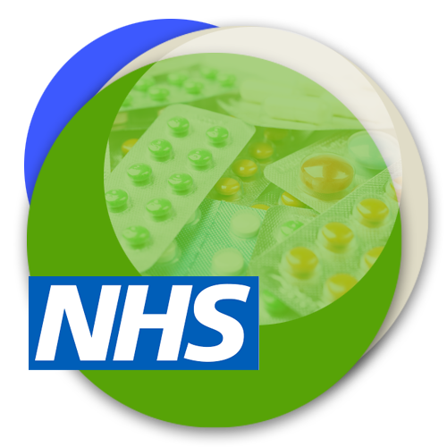 circular image of various tablets in packaging facedown, with the NHS logo overlayed on top