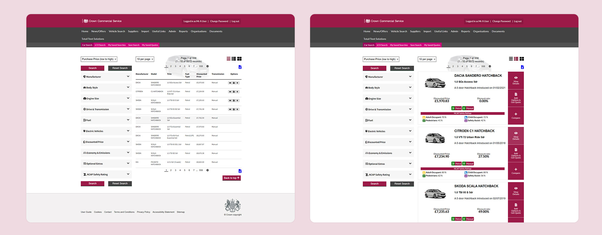 Screen designs of Crown Commercial Service Fleet Portal