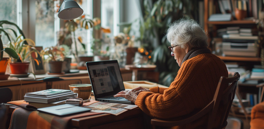 Elderly woman working with laptop