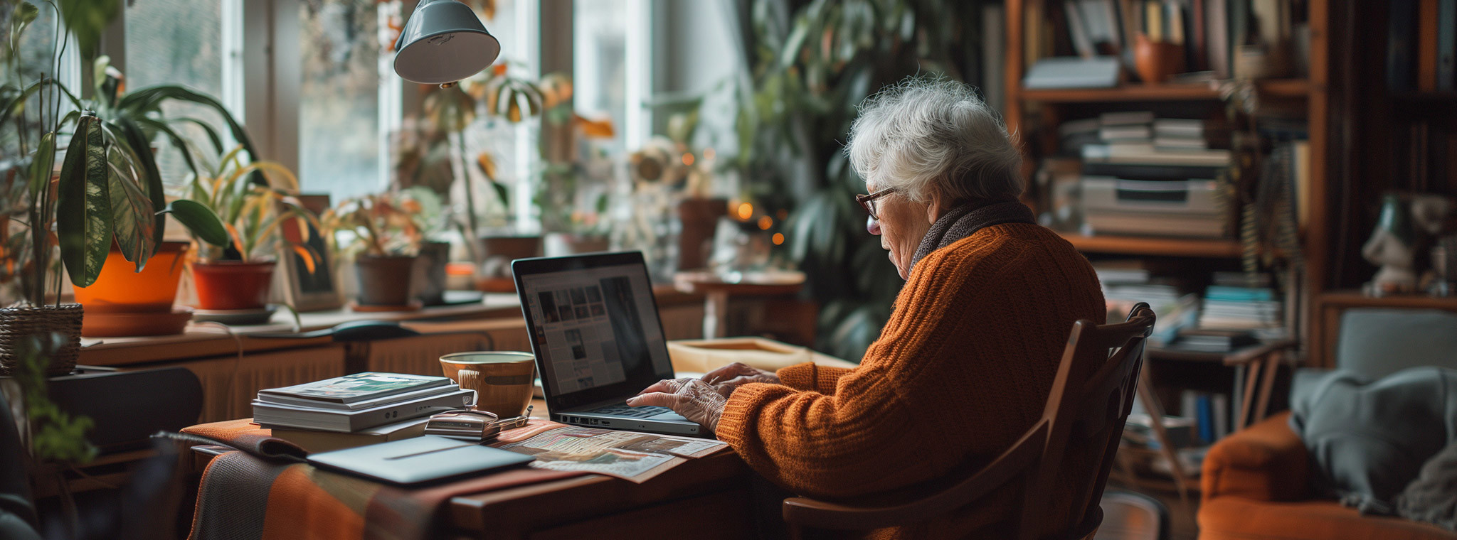 Elderly woman working with laptop