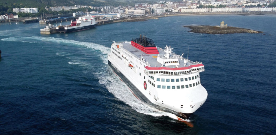 A Steam Packet vessel departing Douglas harbour