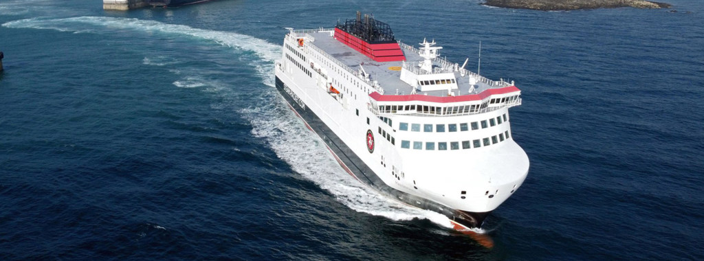 A Steam Packet vessel departing Douglas harbour