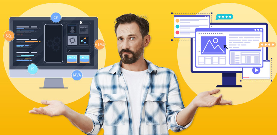 An image of a man comparing illustrations of pro-code and low-code software development