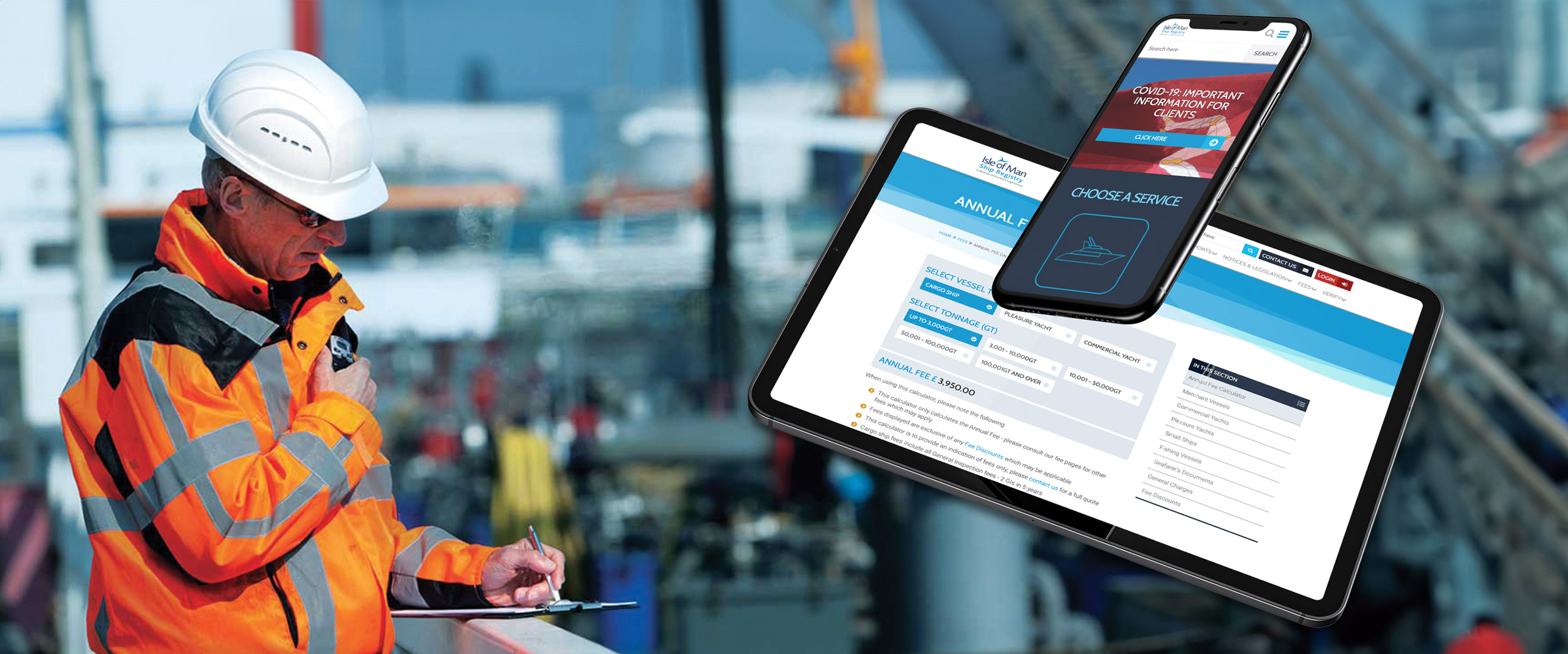 Inspector in bright uniform and making checks on a ferry, and a tablet and smartphone with the Isle of Man Ship Registry Website