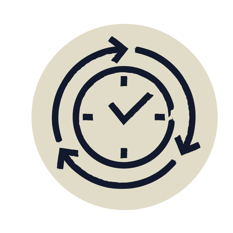 cartoon graphic of clock surrounded by arrows 