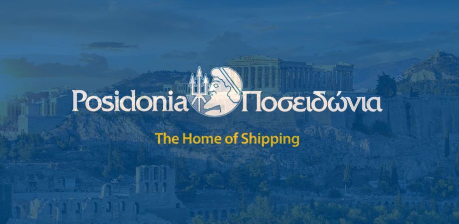 Image of Athens, Greece with blue overlay and Posidonia logo with the wording 'The Home of Shipping' underneath