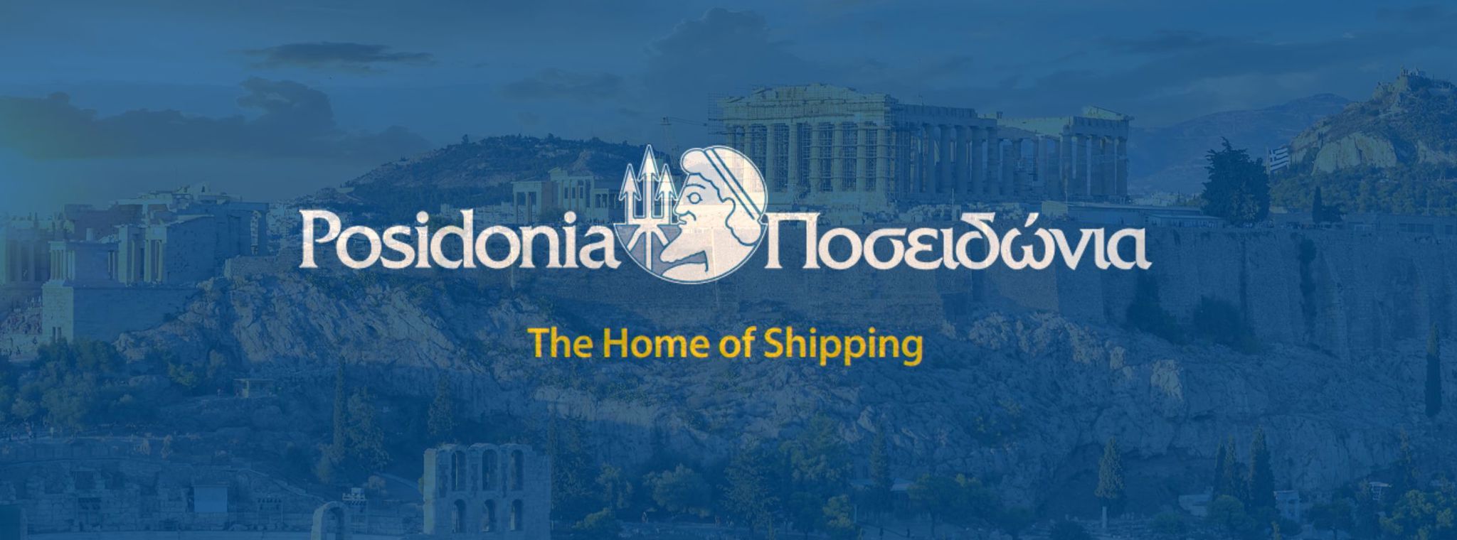 Image of Athens, Greece with blue overlay and Posidonia logo with the wording 'The Home of Shipping' underneath