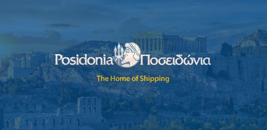 Image of Athens, Greece with blue overlay and Posidonia logo with the wording 'The Home of Shipping' underneath