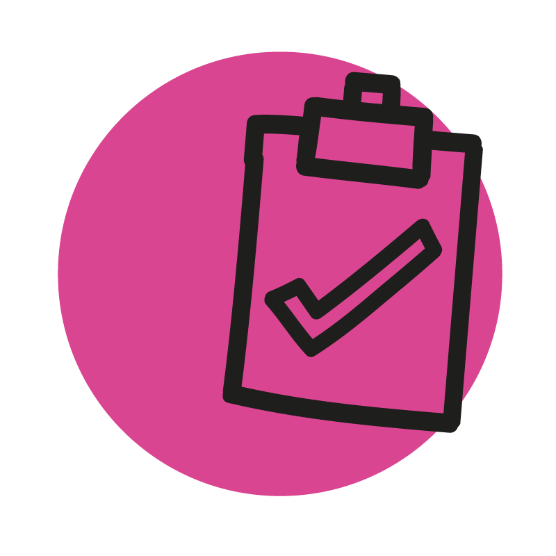 cartoon graphic of clipboard with a tick on it against a pink circle