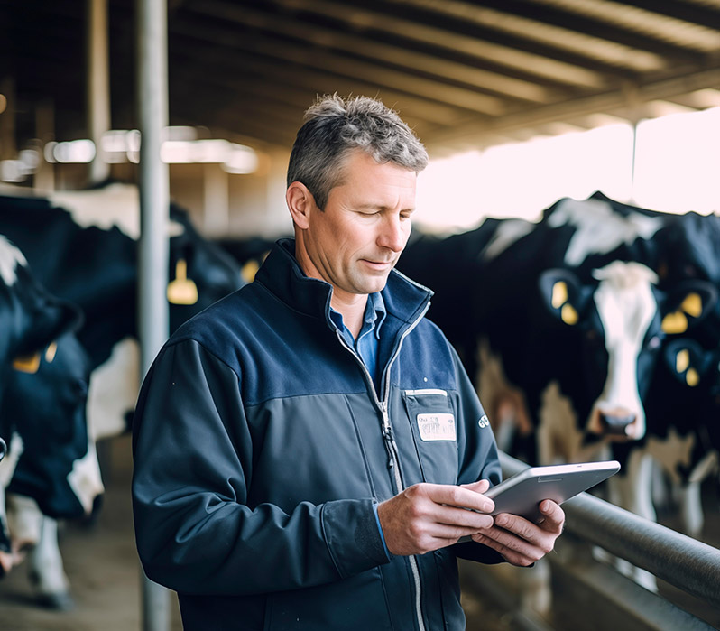 Farmer using an iPad with cows in the background