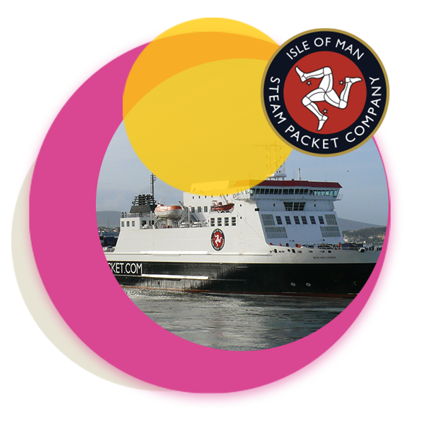 Circular image of Steam Packet vessel in water with Steam Packet logo overlaid