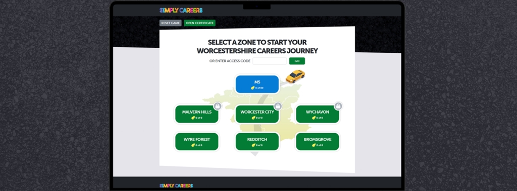 Simply Careers game on a laptop with a gravel background