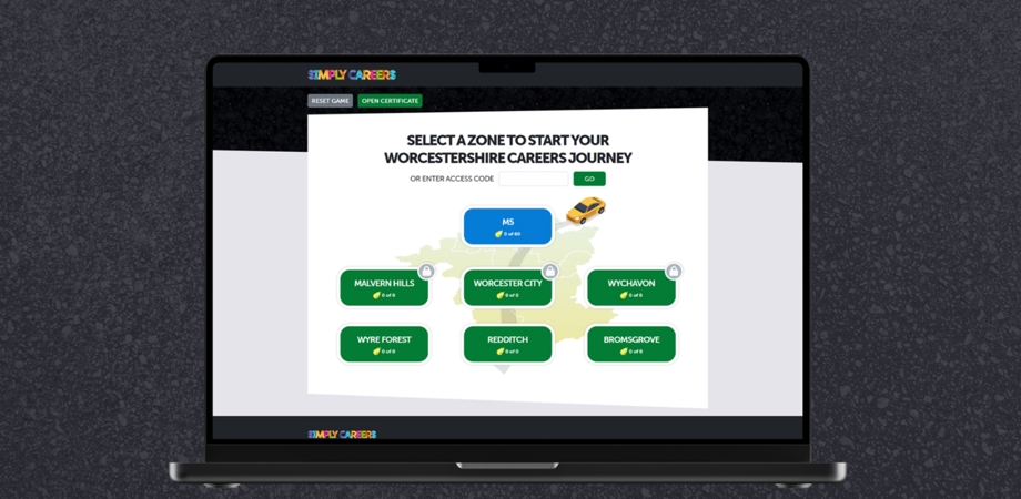 Simply Careers game on a laptop with a gravel background