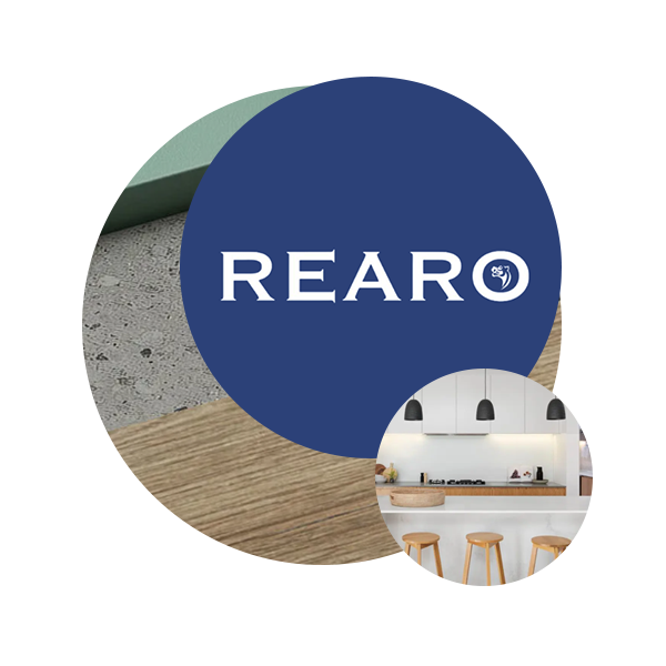 A photo of the Rearo logo with another photo of a kitchen