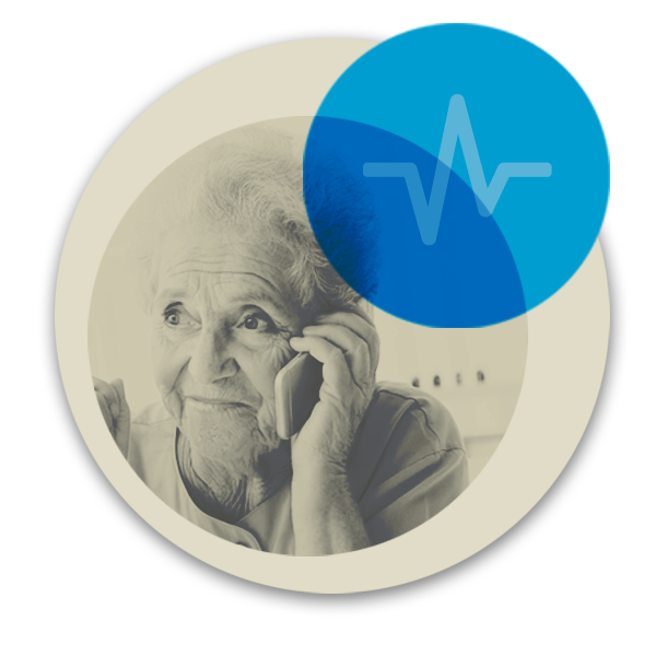 Circular illustration of older woman using assisted mobile phone