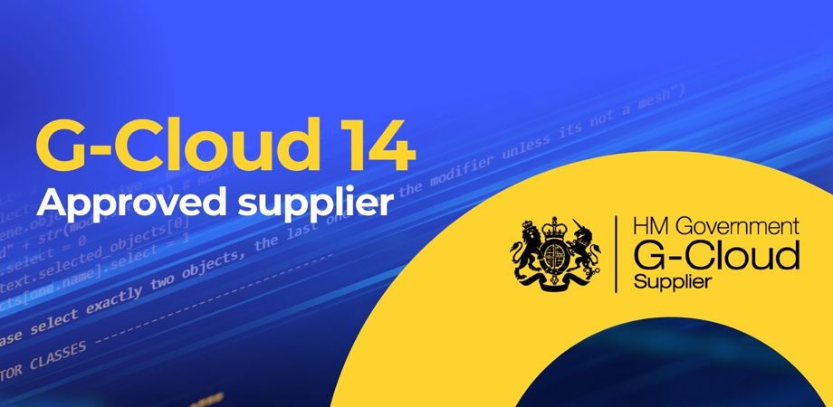 Muted code backgroud and HM Government G-Cloud Supplier logo