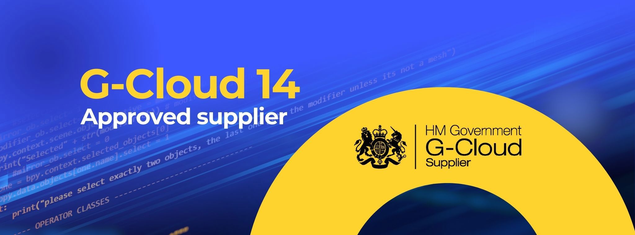 Muted code backgroud and HM Government G-Cloud Supplier logo