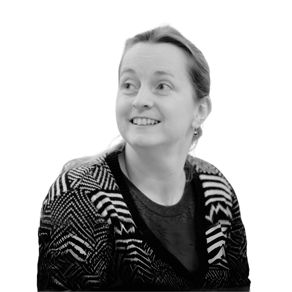 A black and white photo of Jen Cornish