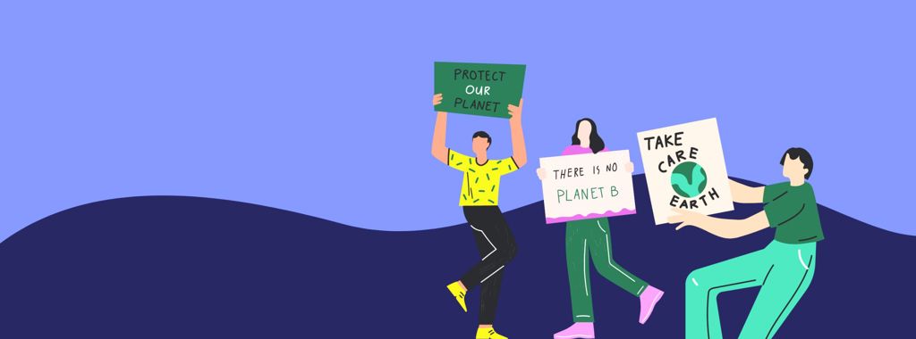 An illustration of people holding up signs about climate change