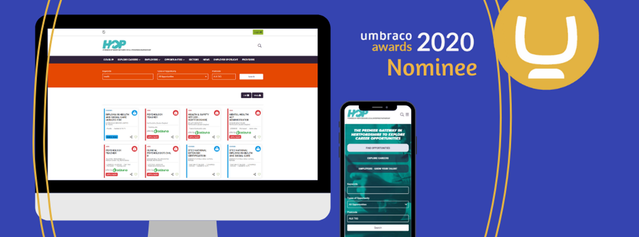 An image of the HOP website with the Umbraco Awards 2020 nominee logo