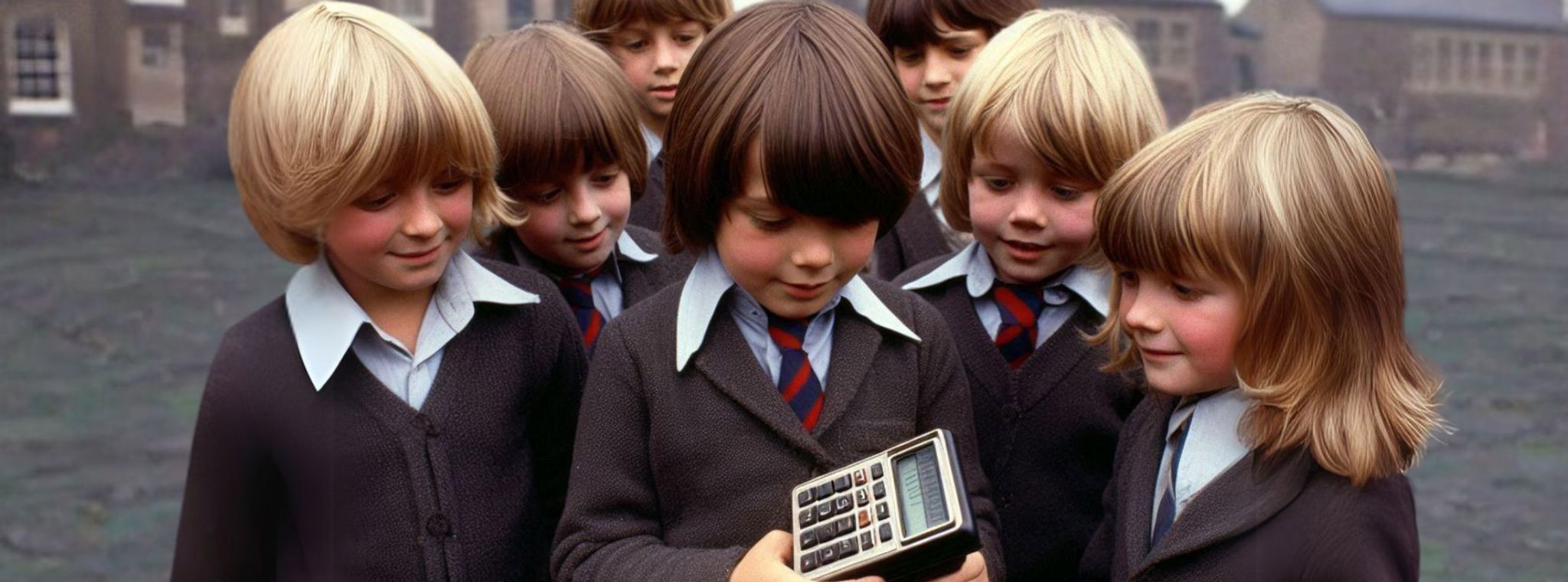 An image of schoolchildren in the 1970s in a playground looking at a calculator