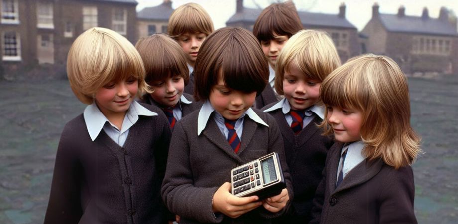 An image of schoolchildren in the 1970s in a playground looking at a calculator