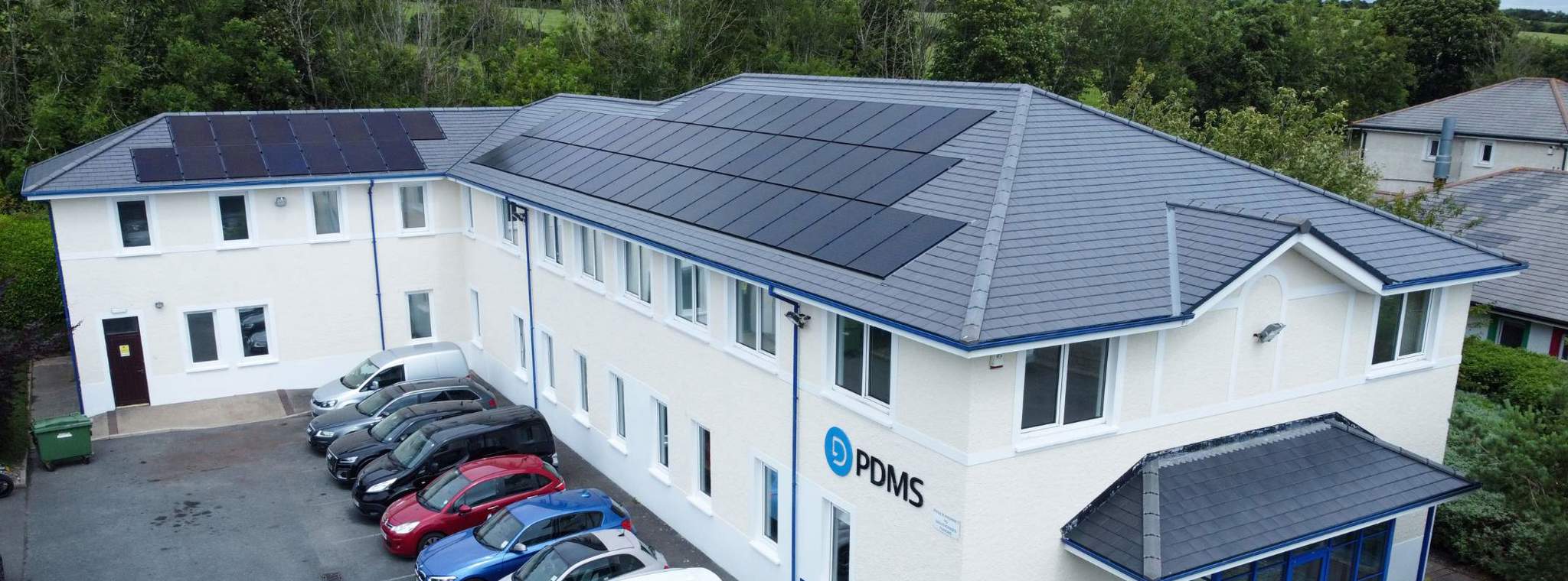 Aerial shot of the PDMS building with the solar panels in place on the roof