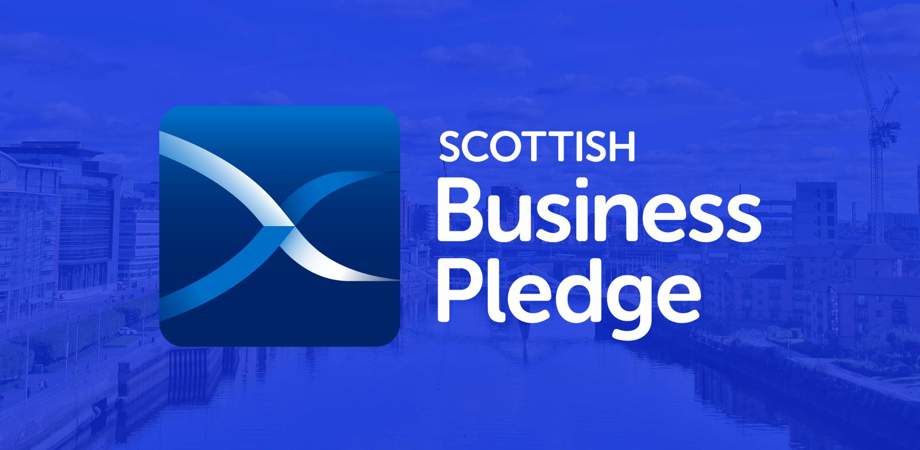 Image of Glasgow city and the Clyde river from above with blue overlay and Scottish Business Pledge logo
