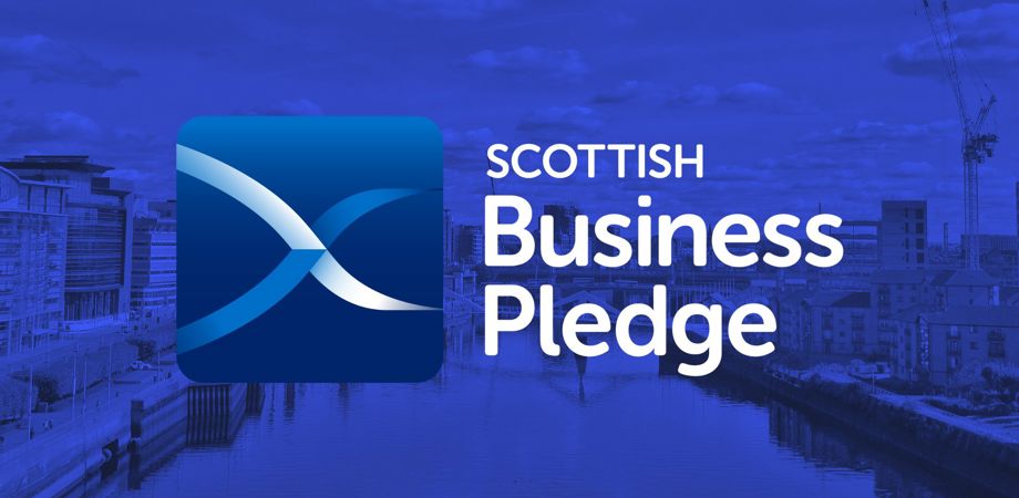 Image of Glasgow city and the Clyde river from above with blue overlay and Scottish Business Pledge logo