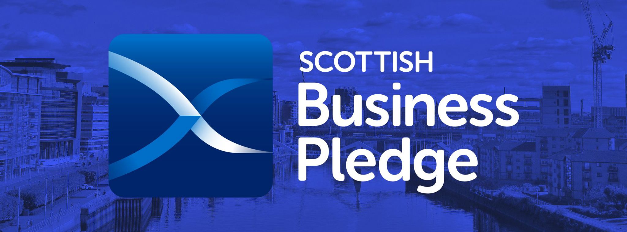 Image of Glasgow city and the Clyde river from above with blue overlay and Scottish Business Pledge logo