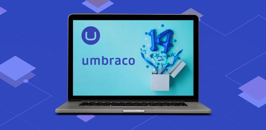 A laptop with Umbraco 14 on the screen with transparent blue squares in the background