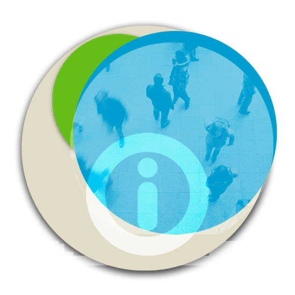 Circular illustration with people commuting and information icon