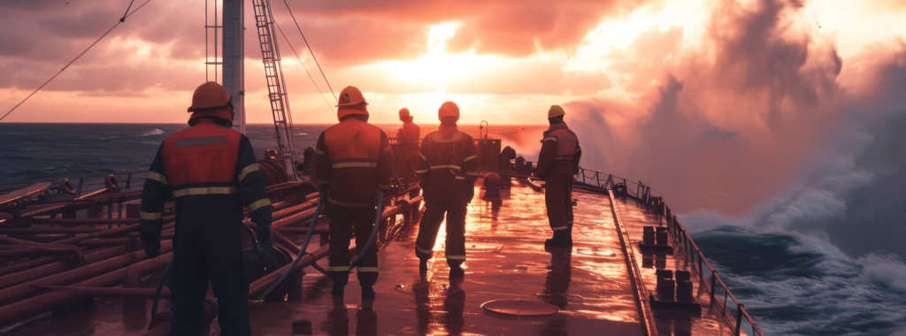 Crew on a tanker ship practicing safety protocols for fire incidents at sea during a drill