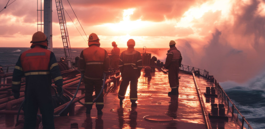 Crew on a tanker ship practicing safety protocols for fire incidents at sea during a drill