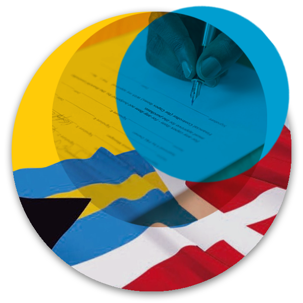 Circular icon with Bahamas maritime flag and legacy paperwork