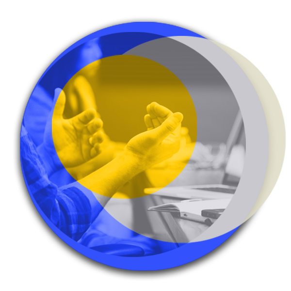 Circular illustration of person's hands gesticulating in a discussion