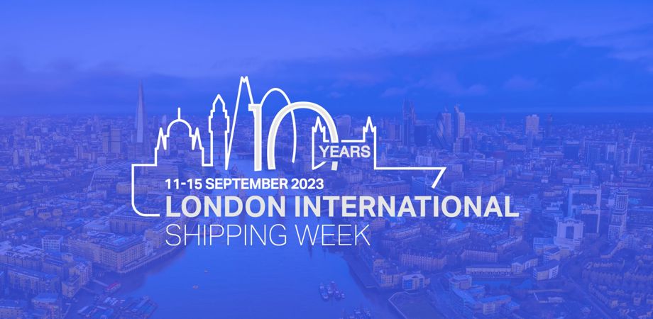 Aerial shot of the river Thames with a blue overlay and the London International Shipping Week 2023 logo