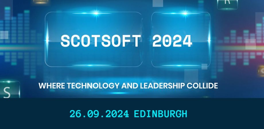 Graphic of ScotSoft 2024 with the date and location on a digital background