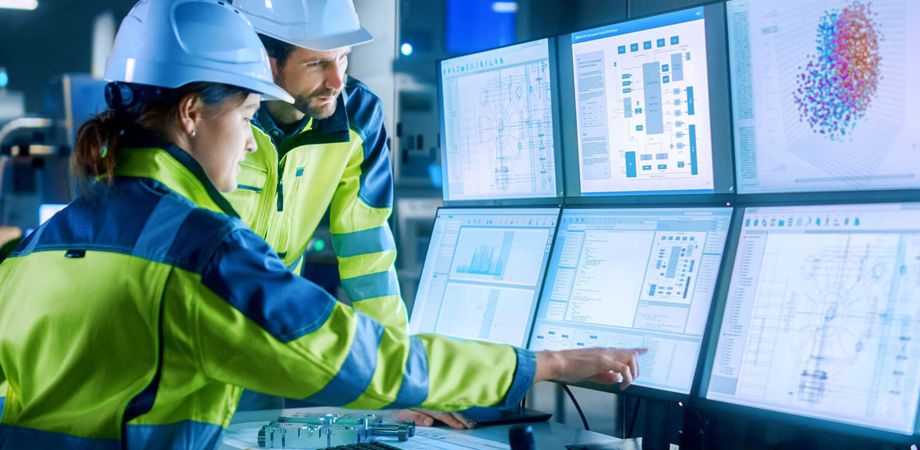 Two manufacturing workers using several screens of IT systems