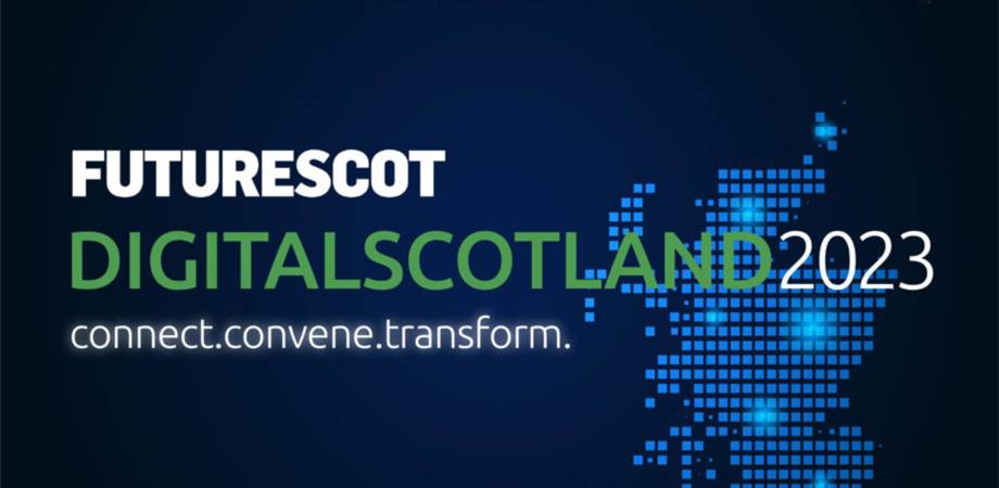 A graphic for FutureScot Digital Scotland 2023 with blue squares forming an outline of Scotland