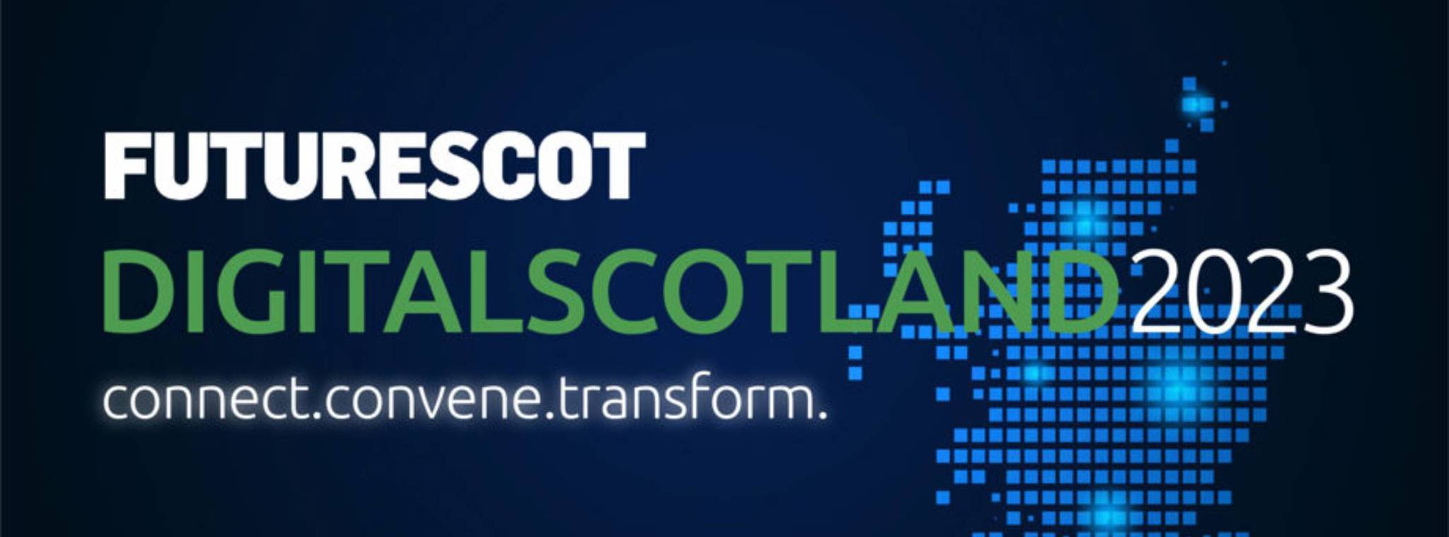 A graphic for FutureScot Digital Scotland 2023 with blue squares forming an outline of Scotland