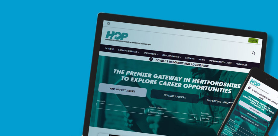 Hertfordshire Opportunities Portal website on desktop and mobile