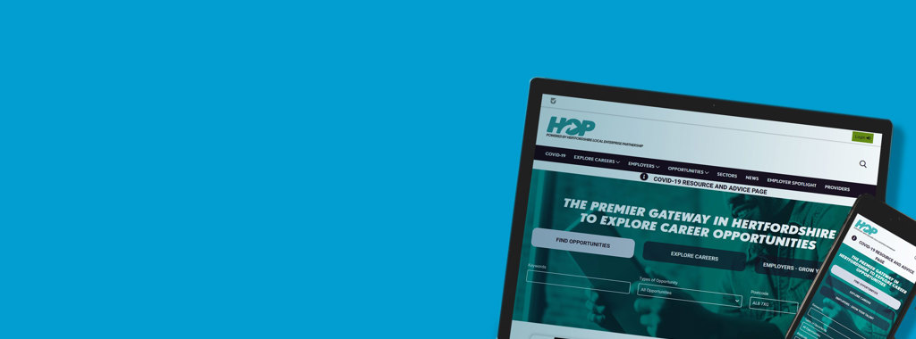 Hertfordshire Opportunities Portal website on desktop and mobile