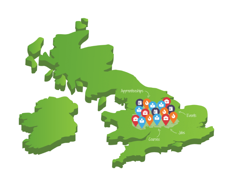 Illustration of the United Kingdom map demonstrating icons for apprenticeships, events, jobs, courses 