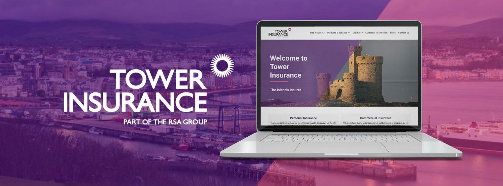 Mock-up of the new Tower Insurance website on a laptop with the Tower Insurance logo alongisde