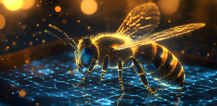 Honeycomb network digital bee on smartphone screen