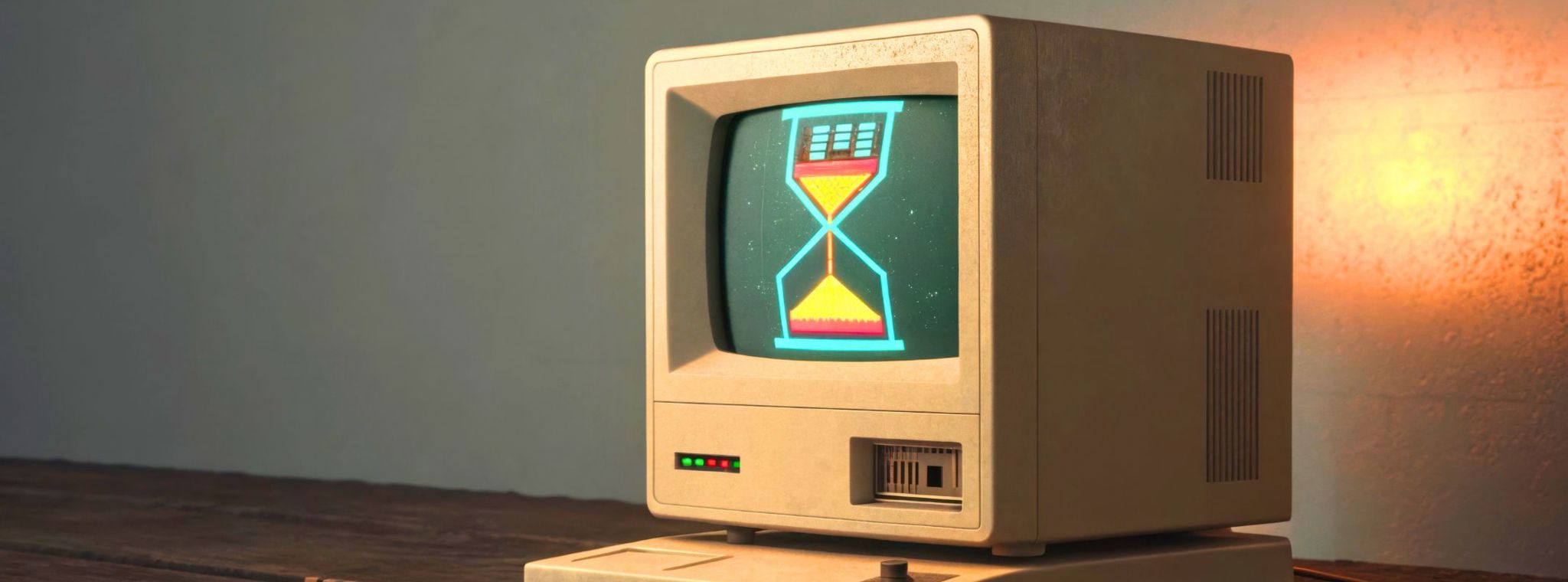 An image of a vintage computer with a loading graphic hourglass on the screen