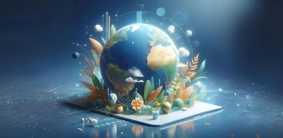 An image of a globe surrounded by nature and tech imagery