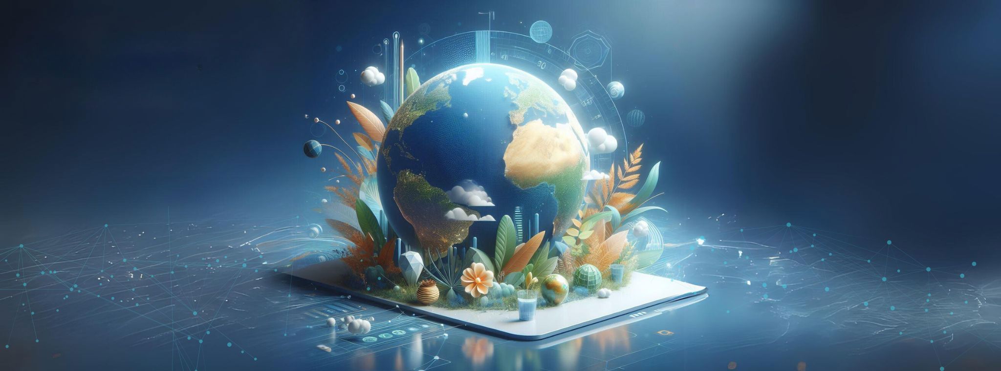 An image of a globe surrounded by nature and tech imagery