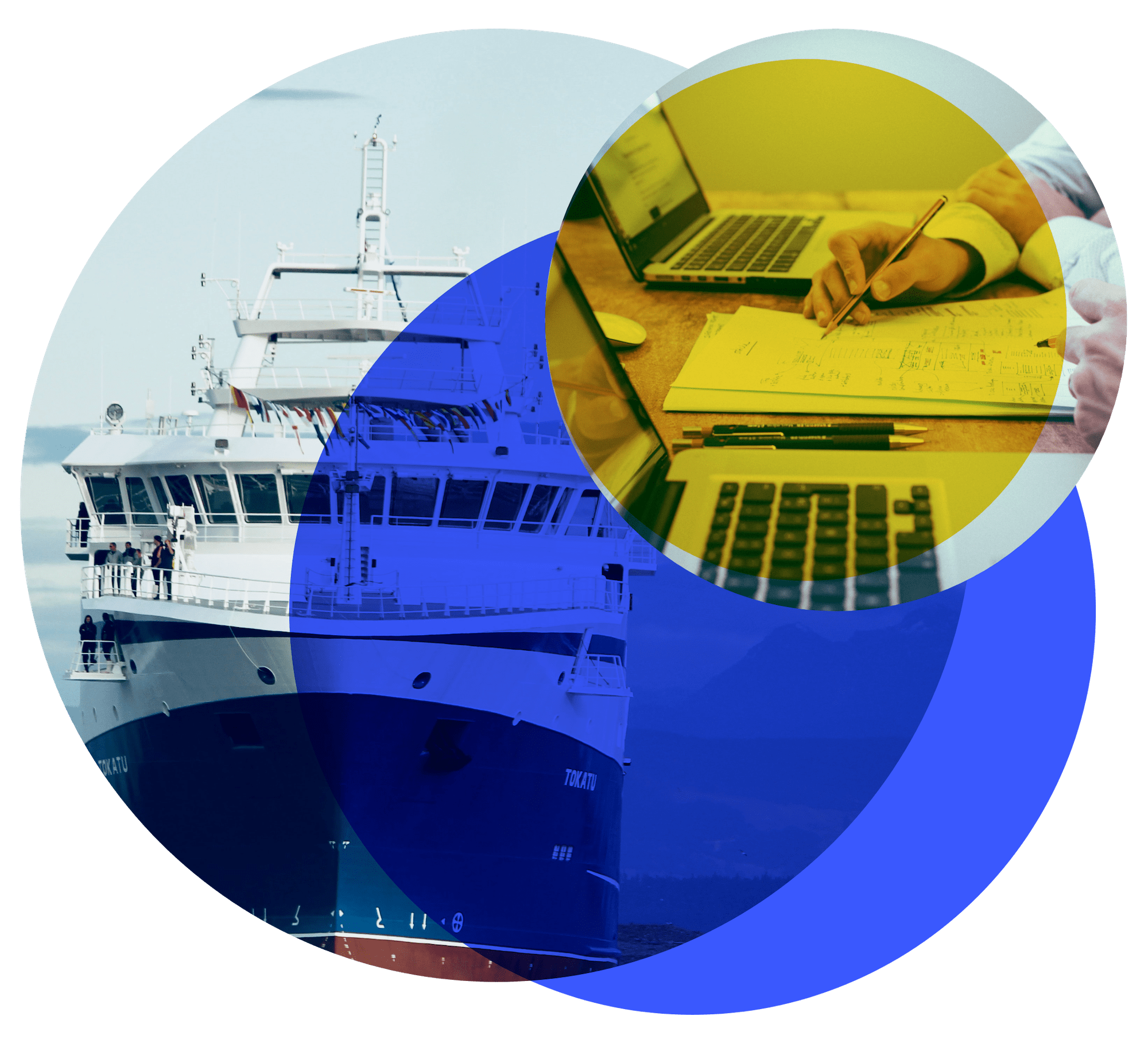 A circular image of a ship with an inset icon of people using laptops